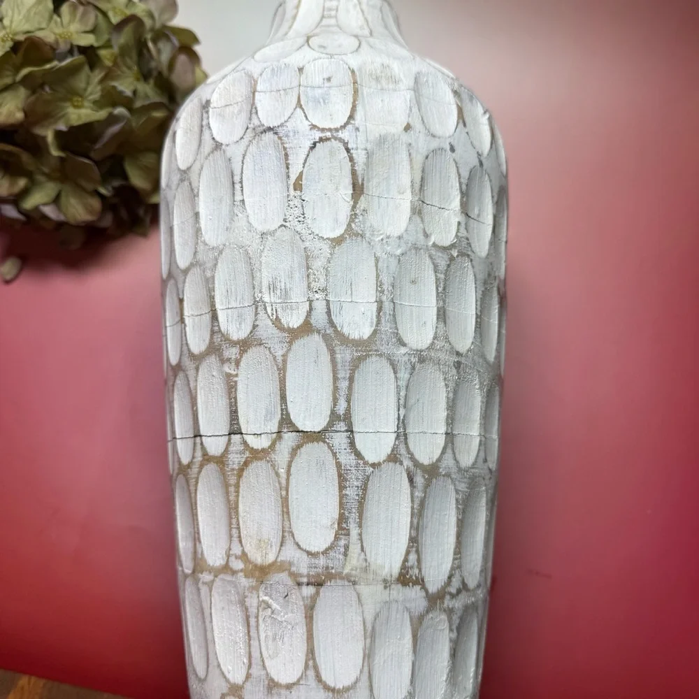 Pier One extra large carved wood white wash divot vase